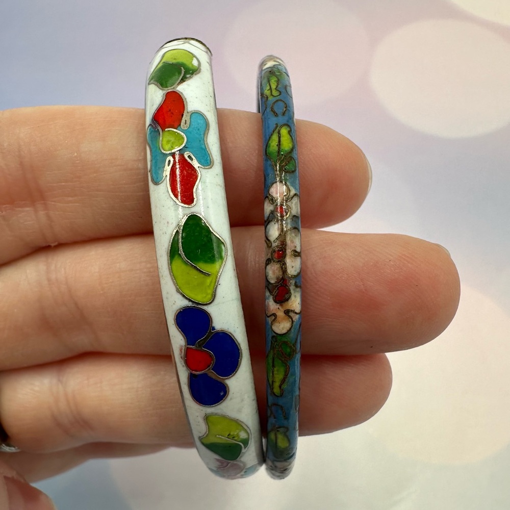 Vintage Cloisonné Bracelet Set of 2 Floral Bracelets - Size 8